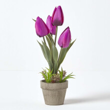 (Purple) Artificial Tulips in Grey Decorative Stone Pot, 27 cm