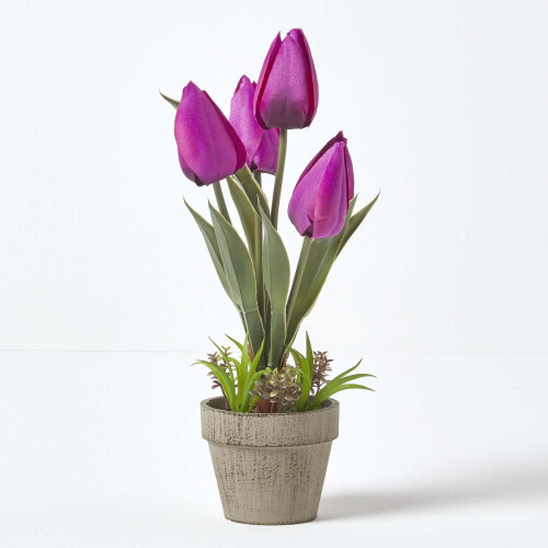 Homescapes (Purple) Artificial Tulips in Grey Decorative Stone Pot, 27 cm