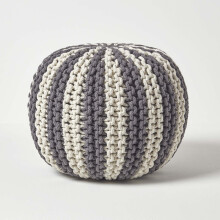 (Grey & Off White, 35 x 40 cm) Knitted Pouffe Striped Footstool