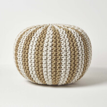 (Linen & Off White, 40 x 50 cm) Knitted Pouffe Striped Footstool