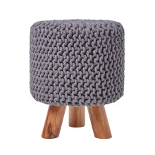(Grey) Tall Knitted Cotton Footstool with Tripod Wooden Legs