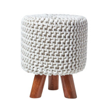 (Natural) Tall Knitted Cotton Footstool with Tripod Wooden Legs