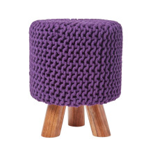 (Plum) Tall Knitted Cotton Footstool with Tripod Wooden Legs