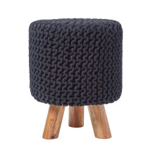 (Black) Tall Knitted Cotton Footstool with Tripod Wooden Legs