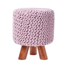 (Pink) Tall Knitted Cotton Footstool with Tripod Wooden Legs