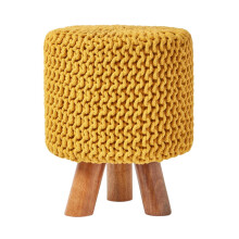 (Mustard) Tall Knitted Cotton Footstool with Tripod Wooden Legs