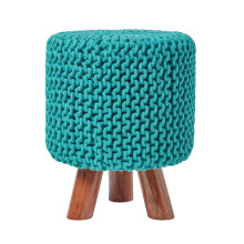 (Teal Green) Tall Knitted Cotton Footstool with Tripod Wooden Legs