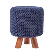 (Navy Blue) Tall Knitted Cotton Footstool with Tripod Wooden Legs