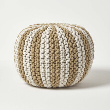(Linen & Off White, 35 x 40 cm) Knitted Pouffe Striped Footstool