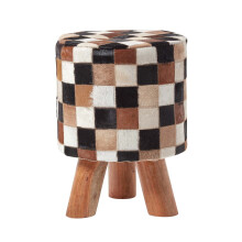 Homescapes Cream Brown and Tan Hide Check Stool with Wooden Legs