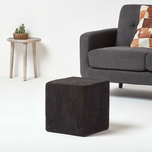 Homescapes Homescapes Black Leather and Suede Patchwork Cube Pouffe 36 x 36 x 38 cm 1