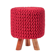 (Red) Tall Knitted Cotton Footstool with Tripod Wooden Legs