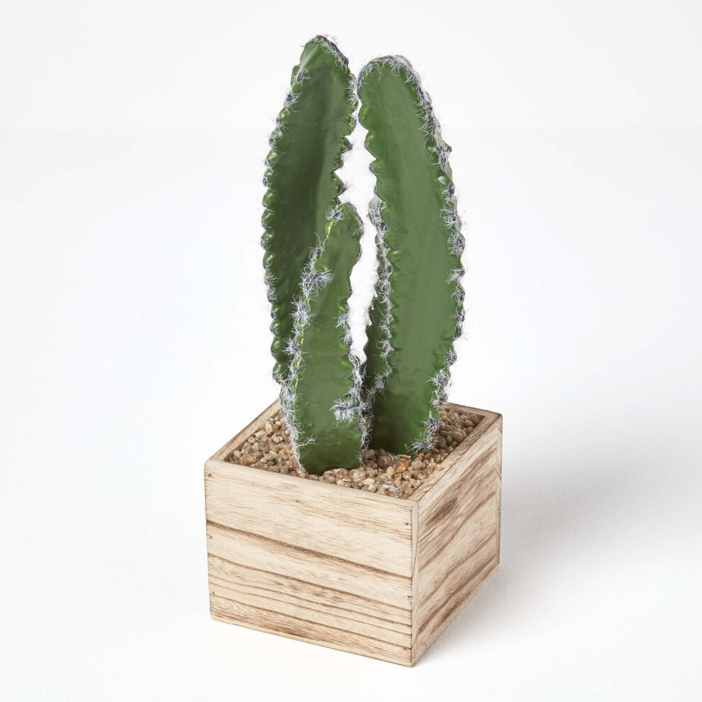 Homescapes Artificial Cactus Plant In Wooden Pot, 33 Cm Tall Green