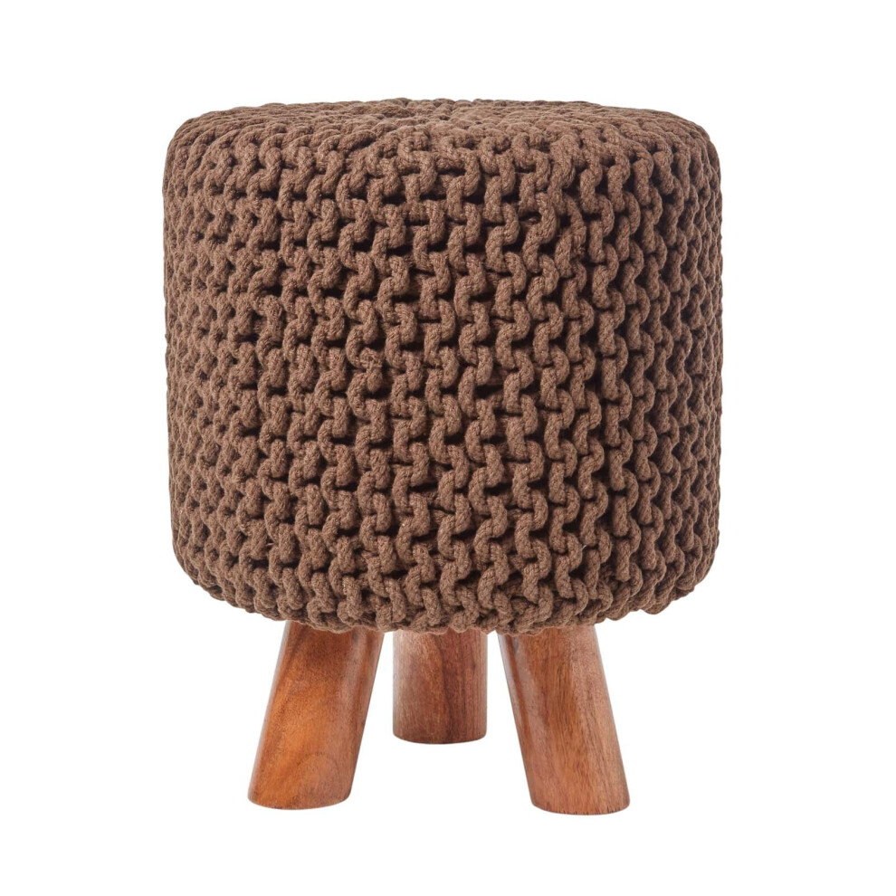 (Chocolate) Tall Knitted Cotton Footstool with Tripod Wooden Legs