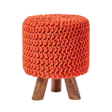 (Burnt Orange) Tall Knitted Cotton Footstool with Tripod Wooden Legs