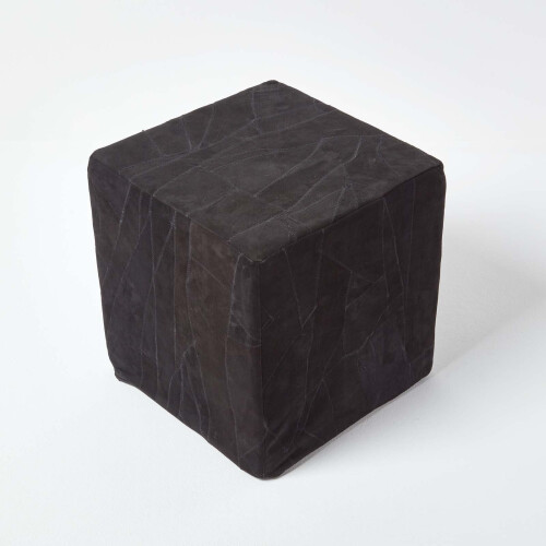 Homescapes Homescapes Black Leather and Suede Patchwork Cube Pouffe 36 x 36 x 38 cm 2
