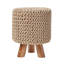 (Linen) Tall Knitted Cotton Footstool with Tripod Wooden Legs