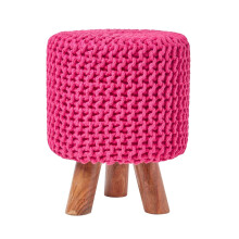 (Hot Pink) Tall Knitted Cotton Footstool with Tripod Wooden Legs