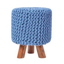 (Blue) Tall Knitted Cotton Footstool with Tripod Wooden Legs