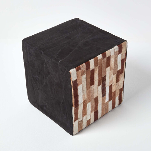 Homescapes Homescapes Brown and Black Patchwork Cube Pouffe Suede Leather 36 x 36 x 38 cm 2