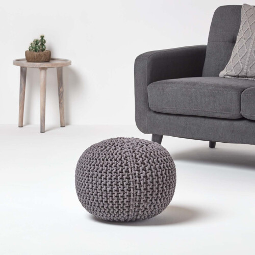 Homescapes (Grey) Knitted Cotton Pouffe Footstool Round 35 x 40 cm 1
