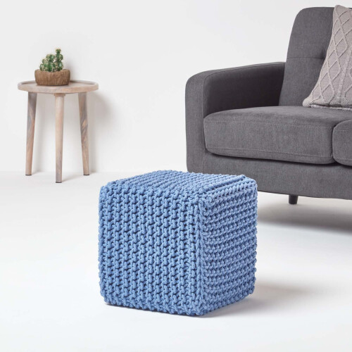 Homescapes (Blue) Knitted Cotton Cube Footstool 35 x 35 x 35 cm 1