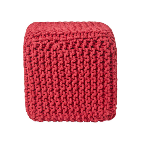 Homescapes (Red) Knitted Cotton Cube Footstool 35 x 35 x 35 cm