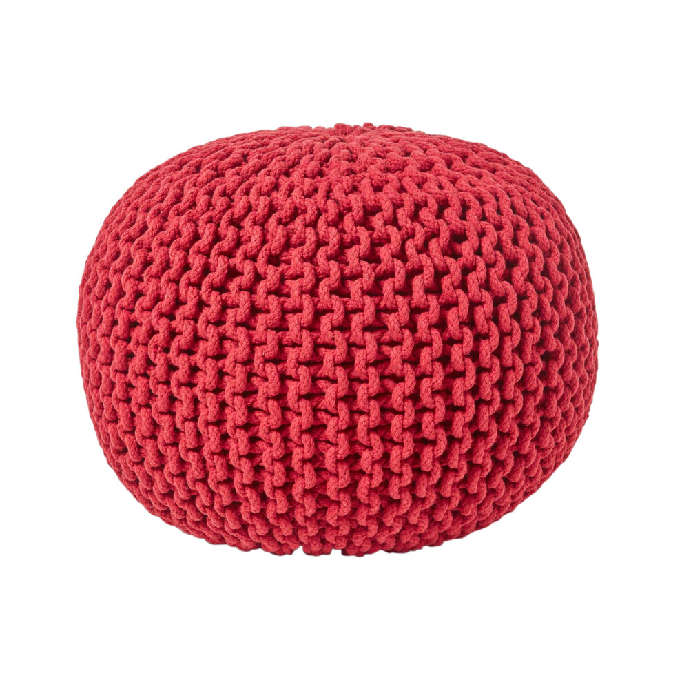 Homescapes (Red) Knitted Cotton Pouffe Footstool Round 35 X 40 Cm