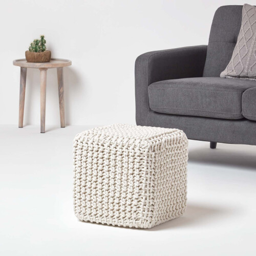 Homescapes (Natural) Knitted Cotton Cube Footstool 35 x 35 x 35 cm 1