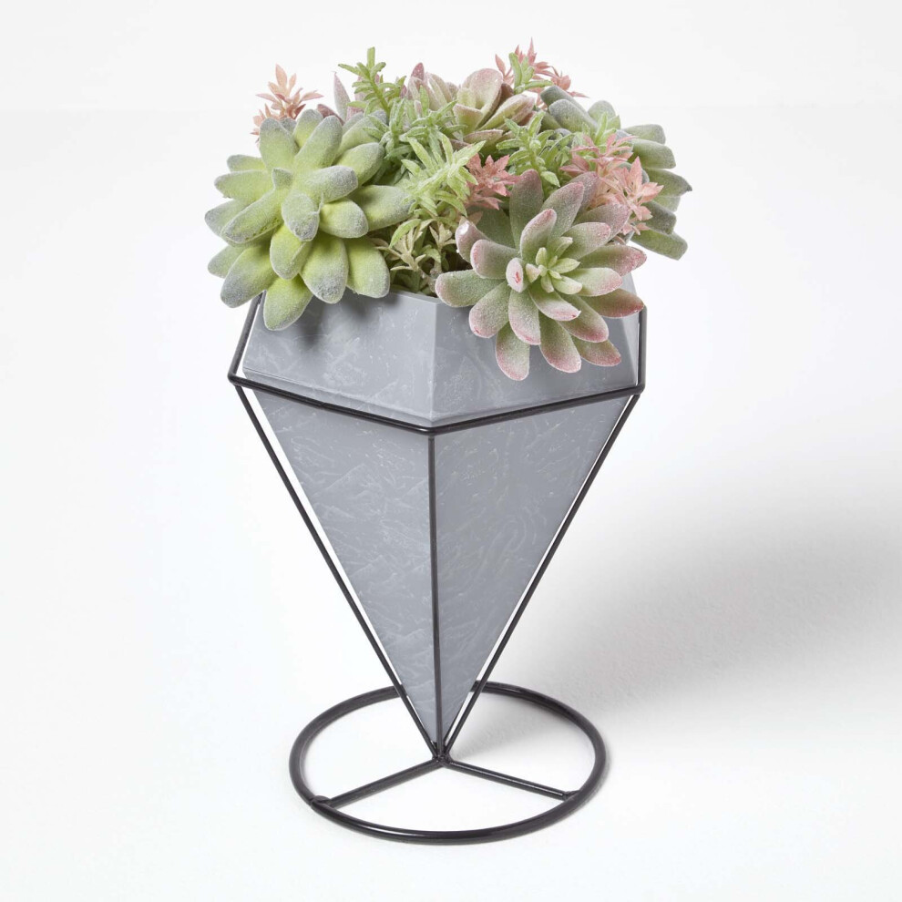 Homescapes Artificial Cactus And Succulent Arrangement In Decorative Geometric Pot, 31 Cm Tall Grey