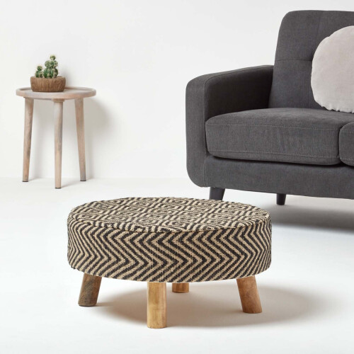 Homescapes (62 x 62 x 30 cm) Black and Natural Footstool with Diamond Pattern 1