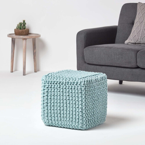 Homescapes (Duck Egg Blue) Knitted Cotton Cube Footstool 35 x 35 x 35 cm 1