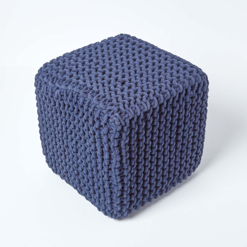 Homescapes (Navy Blue) Knitted Cotton Cube Footstool 35 x 35 x 35 cm 2
