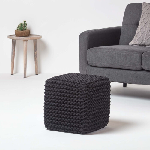 Homescapes (Black) Knitted Cotton Cube Footstool 35 x 35 x 35 cm 1