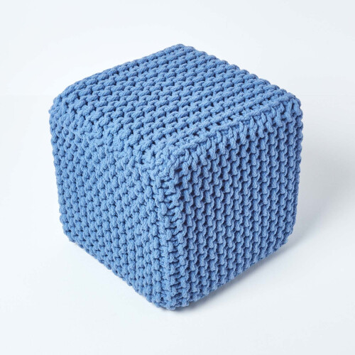 Homescapes (Blue) Knitted Cotton Cube Footstool 35 x 35 x 35 cm 2