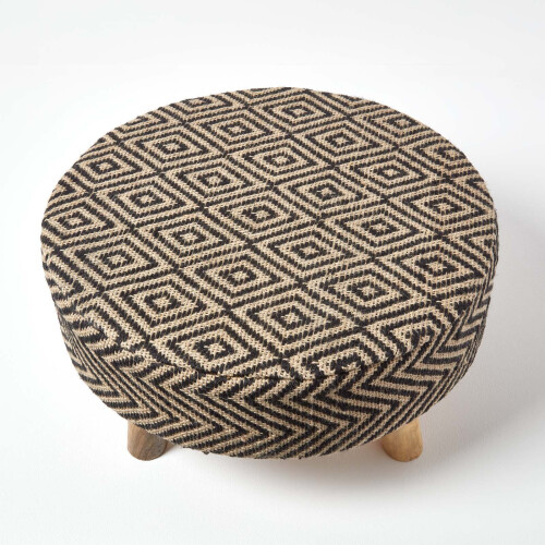 Homescapes (62 x 62 x 30 cm) Black and Natural Footstool with Diamond Pattern 2
