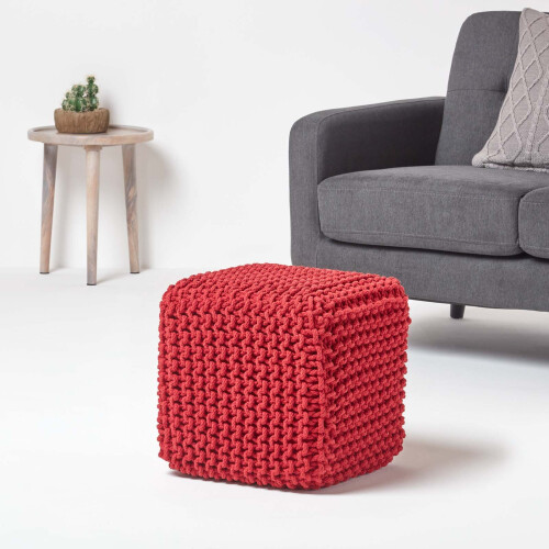 Homescapes (Red) Knitted Cotton Cube Footstool 35 x 35 x 35 cm 1