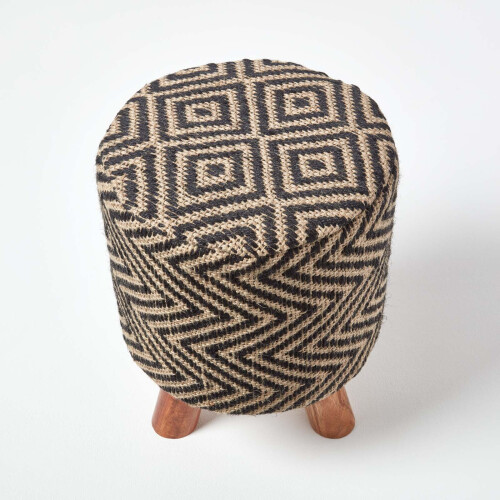 Homescapes (32 x 32 x 42 cm) Black and Natural Footstool with Diamond Pattern 2