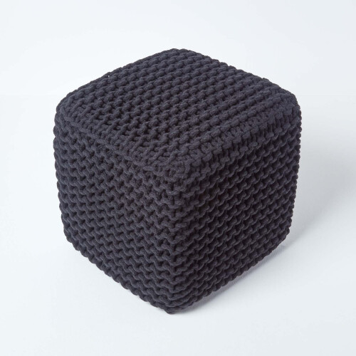 Homescapes (Black) Knitted Cotton Cube Footstool 35 x 35 x 35 cm 2