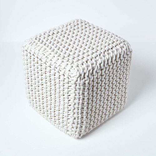 Homescapes (Natural) Knitted Cotton Cube Footstool 35 x 35 x 35 cm 2