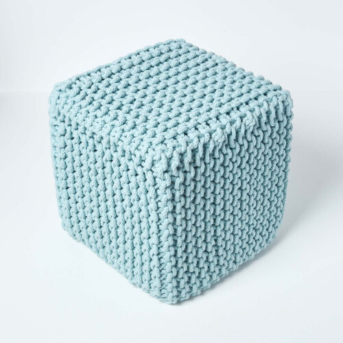 Homescapes (Duck Egg Blue) Knitted Cotton Cube Footstool 35 x 35 x 35 cm 2