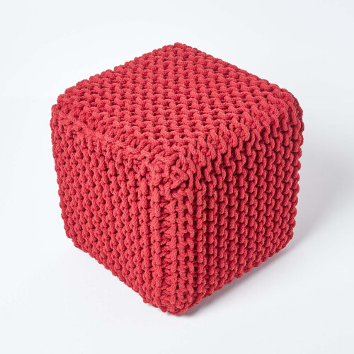 Homescapes (Red) Knitted Cotton Cube Footstool 35 x 35 x 35 cm 2