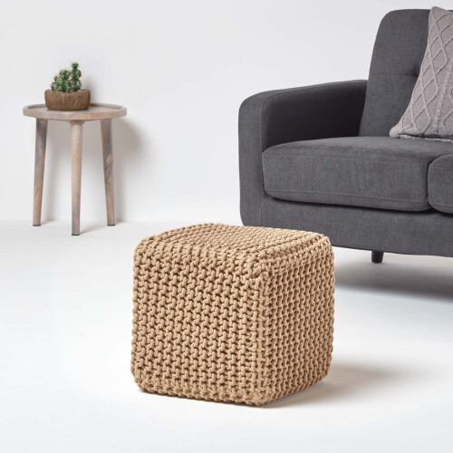 Homescapes (Linen) Knitted Cotton Cube Footstool 35 x 35 x 35 cm 1