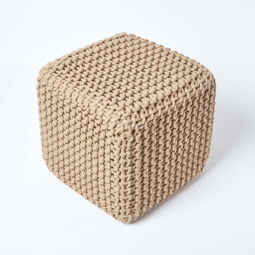 Homescapes (Linen) Knitted Cotton Cube Footstool 35 x 35 x 35 cm 2