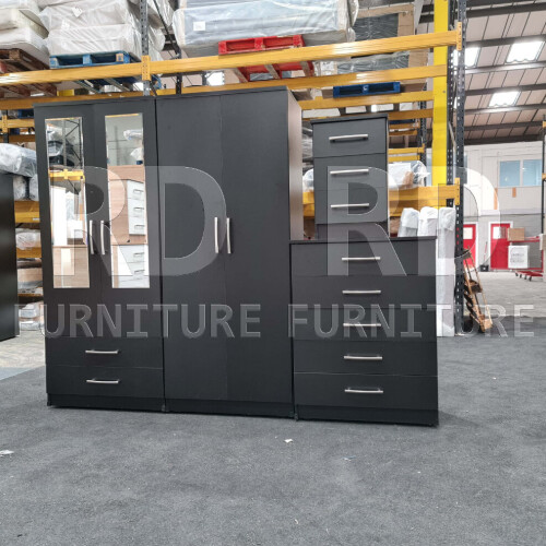 RD Furniture Ready assembled Classic 4 Door 2 Drawer Mirrored Wardrobe Black 1