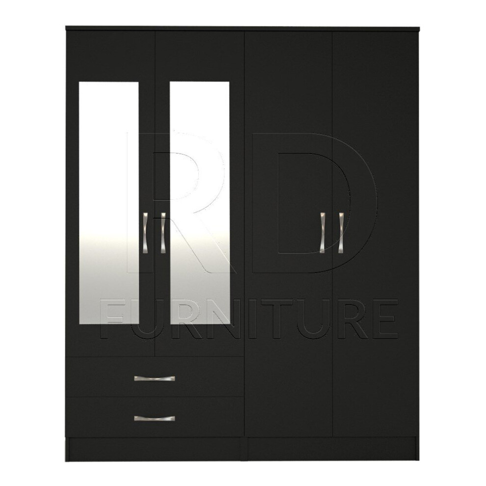 Ready assembled Classic 4 Door 2 Drawer Mirrored Wardrobe Black