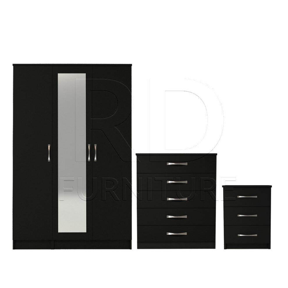 Ready assembled 3 Pcs Classic 3 Door Mirrored Wardrobe, Chest And Bedside Set Black