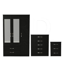 Ready assembled 3 Pcs Classic 3 Door 2 Drawer Mirrored Wardrobe, Chest And Bedside Set Black