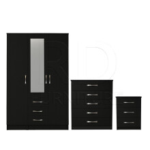 Ready assembled 3 Pcs Classic 3 Door 3 Drawer Combi Mirrored Wardrobe, Chest And Bedside Set Black