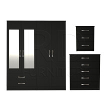 Ready assembled 3 Pcs Classic 4 Door 2 Drawer Mirrored Wardrobe, Chest And Bedside Set Black